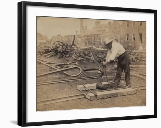 Railroad Construction Worker Straightening Track, c.1862-Andrew J^ Johnson-Framed Photo