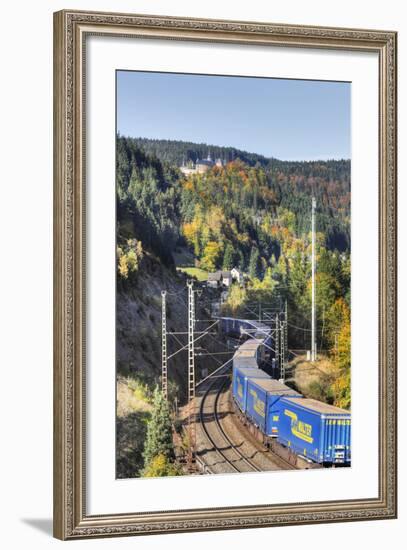 Railroad Line Winds Along a Mountainside, Freight Train, Forest, Scenery, Castle, Houses-Harald Schšn-Framed Photographic Print