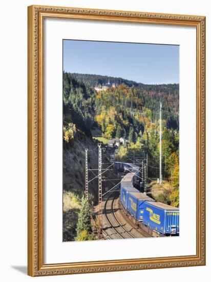Railroad Line Winds Along a Mountainside, Freight Train, Forest, Scenery, Castle, Houses-Harald Schšn-Framed Photographic Print