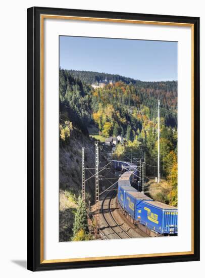 Railroad Line Winds Along a Mountainside, Freight Train, Forest, Scenery, Castle, Houses-Harald Schšn-Framed Photographic Print