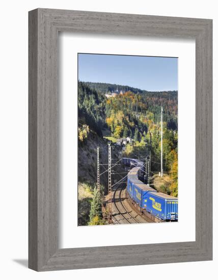 Railroad Line Winds Along a Mountainside, Freight Train, Forest, Scenery, Castle, Houses-Harald Schšn-Framed Photographic Print