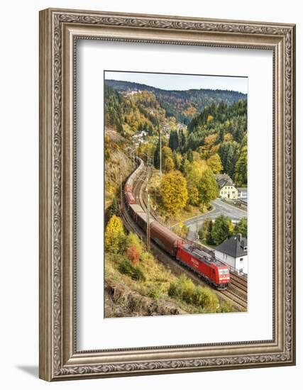 Railroad Line Winds Along a Mountainside, Freight Train, Wood, Scenery, Castle, Houses-Harald Schšn-Framed Photographic Print