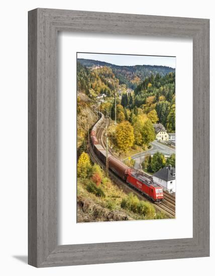 Railroad Line Winds Along a Mountainside, Freight Train, Wood, Scenery, Castle, Houses-Harald Schšn-Framed Photographic Print