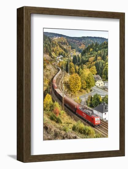 Railroad Line Winds Along a Mountainside, Freight Train, Wood, Scenery, Castle, Houses-Harald Schšn-Framed Photographic Print