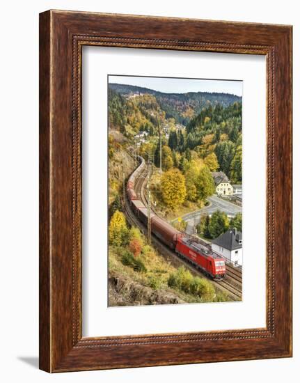 Railroad Line Winds Along a Mountainside, Freight Train, Wood, Scenery, Castle, Houses-Harald Schšn-Framed Photographic Print