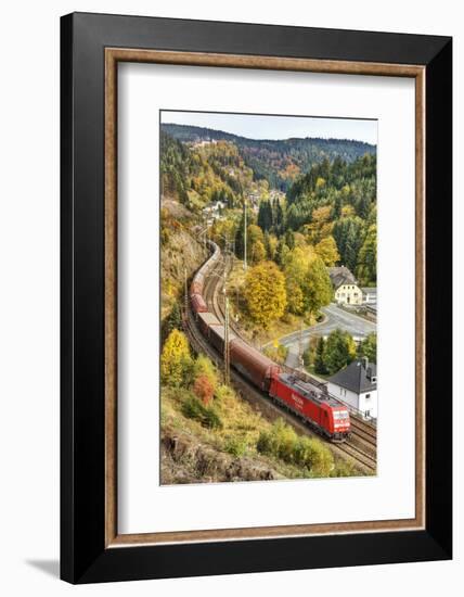 Railroad Line Winds Along a Mountainside, Freight Train, Wood, Scenery, Castle, Houses-Harald Schšn-Framed Photographic Print