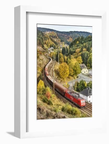 Railroad Line Winds Along a Mountainside, Freight Train, Wood, Scenery, Castle, Houses-Harald Schšn-Framed Photographic Print