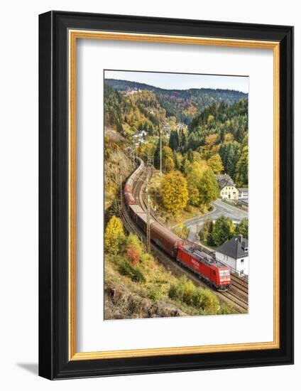 Railroad Line Winds Along a Mountainside, Freight Train, Wood, Scenery, Castle, Houses-Harald Schšn-Framed Photographic Print