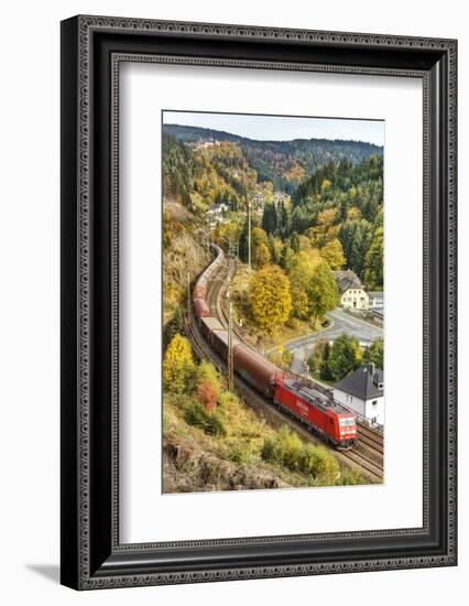 Railroad Line Winds Along a Mountainside, Freight Train, Wood, Scenery, Castle, Houses-Harald Schšn-Framed Premium Photographic Print