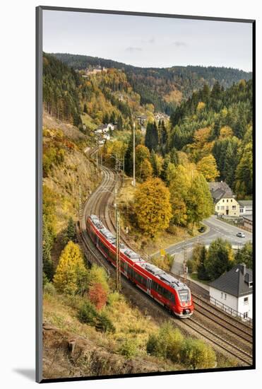 Railroad Line Winds Along a Mountainside, Train, Forest, Scenery, Castle, Houses-Harald Schšn-Mounted Photographic Print