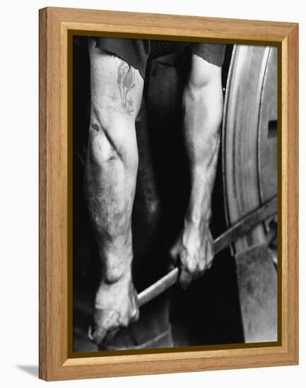 Railroad Worker - Tightening Wheel, 1925, Printed 1931-Lewis Wickes Hine-Framed Premier Image Canvas