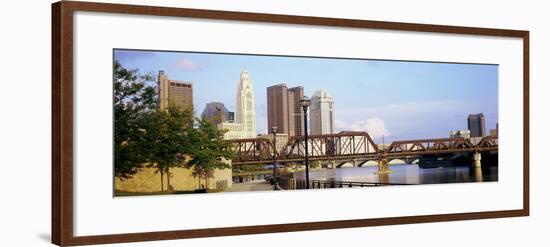 Railway bridge across a river with skyscrapers in the background, Scioto River, Columbus, Ohio, USA-null-Framed Photographic Print