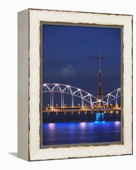 Railway Bridge across Daugava River with Tv Tower in Background, Riga, Latvia-Ian Trower-Framed Premier Image Canvas