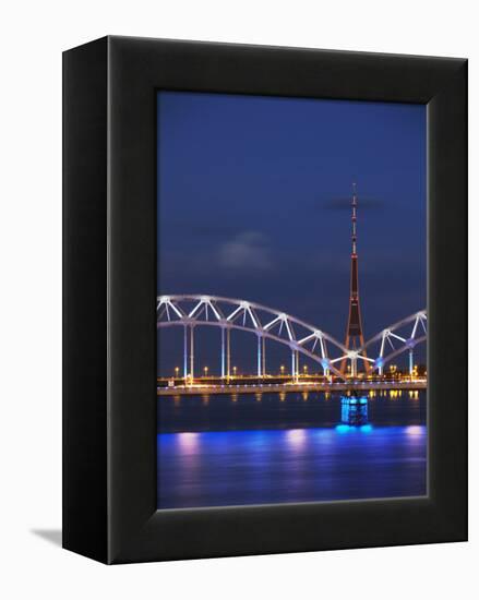 Railway Bridge across Daugava River with Tv Tower in Background, Riga, Latvia-Ian Trower-Framed Premier Image Canvas