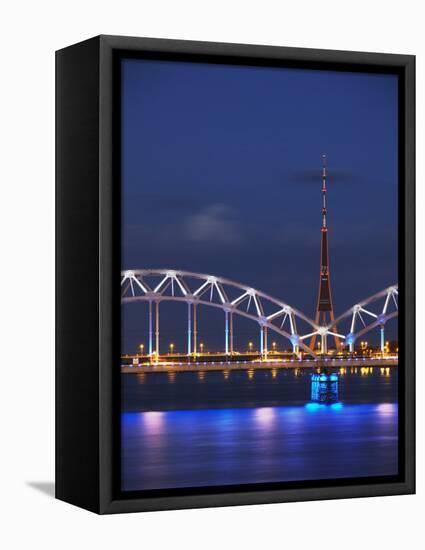 Railway Bridge across Daugava River with Tv Tower in Background, Riga, Latvia-Ian Trower-Framed Premier Image Canvas