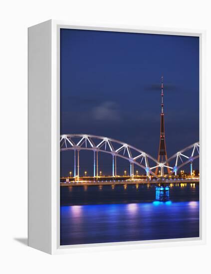 Railway Bridge across Daugava River with Tv Tower in Background, Riga, Latvia-Ian Trower-Framed Premier Image Canvas