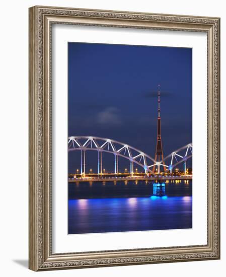 Railway Bridge across Daugava River with Tv Tower in Background, Riga, Latvia-Ian Trower-Framed Photographic Print