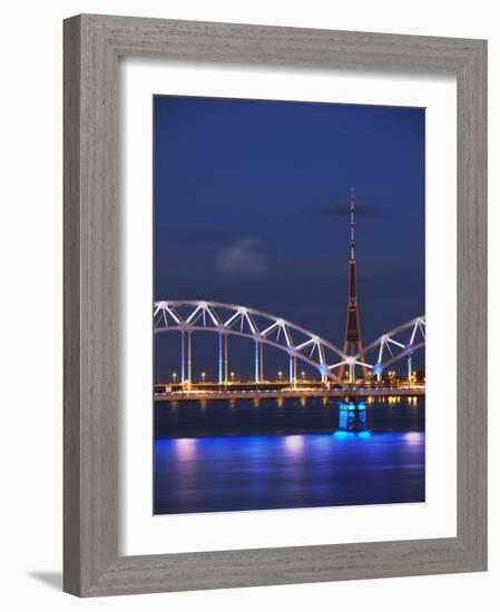 Railway Bridge across Daugava River with Tv Tower in Background, Riga, Latvia-Ian Trower-Framed Photographic Print