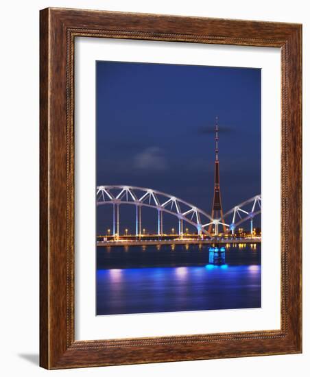 Railway Bridge across Daugava River with Tv Tower in Background, Riga, Latvia-Ian Trower-Framed Photographic Print