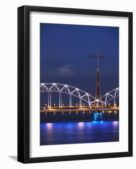 Railway Bridge across Daugava River with Tv Tower in Background, Riga, Latvia-Ian Trower-Framed Photographic Print