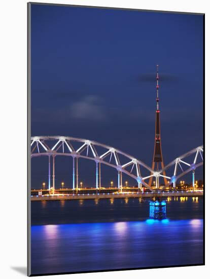 Railway Bridge across Daugava River with Tv Tower in Background, Riga, Latvia-Ian Trower-Mounted Photographic Print