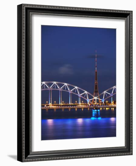 Railway Bridge across Daugava River with Tv Tower in Background, Riga, Latvia-Ian Trower-Framed Photographic Print