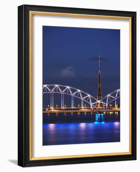 Railway Bridge across Daugava River with Tv Tower in Background, Riga, Latvia-Ian Trower-Framed Photographic Print