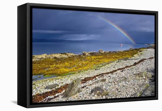 Rainbow Above Rocky Beach and Small Boat-null-Framed Premier Image Canvas