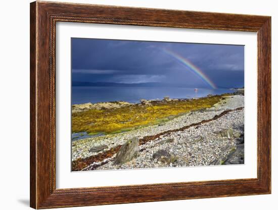 Rainbow Above Rocky Beach and Small Boat-null-Framed Photographic Print