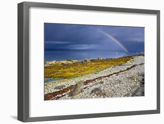 Rainbow Above Rocky Beach and Small Boat-null-Framed Photographic Print