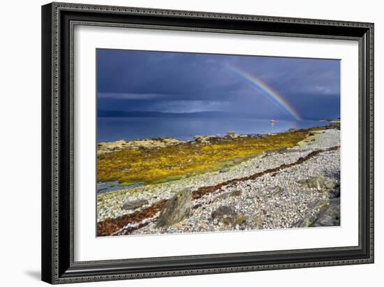 Rainbow Above Rocky Beach and Small Boat-null-Framed Photographic Print