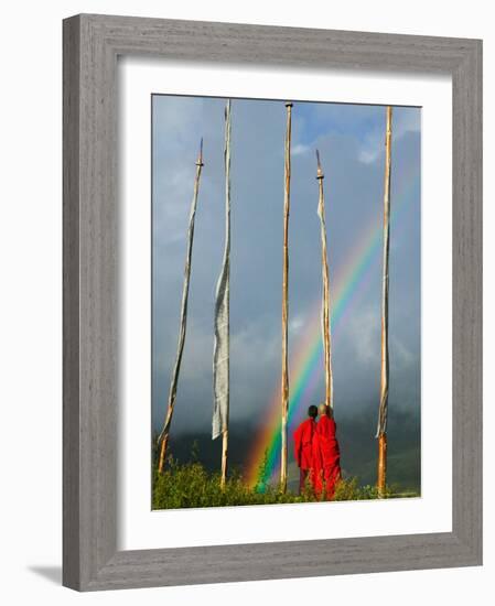 Rainbow and Monks with Praying Flags, Phobjikha Valley, Gangtey Village, Bhutan-Keren Su-Framed Photographic Print