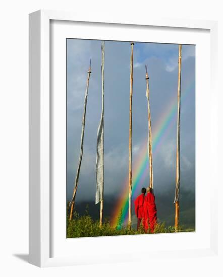 Rainbow and Monks with Praying Flags, Phobjikha Valley, Gangtey Village, Bhutan-Keren Su-Framed Photographic Print