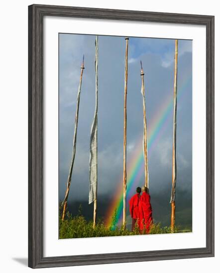 Rainbow and Monks with Praying Flags, Phobjikha Valley, Gangtey Village, Bhutan-Keren Su-Framed Photographic Print