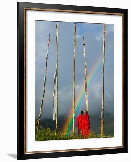 Rainbow and Monks with Praying Flags, Phobjikha Valley, Gangtey Village, Bhutan-Keren Su-Framed Photographic Print