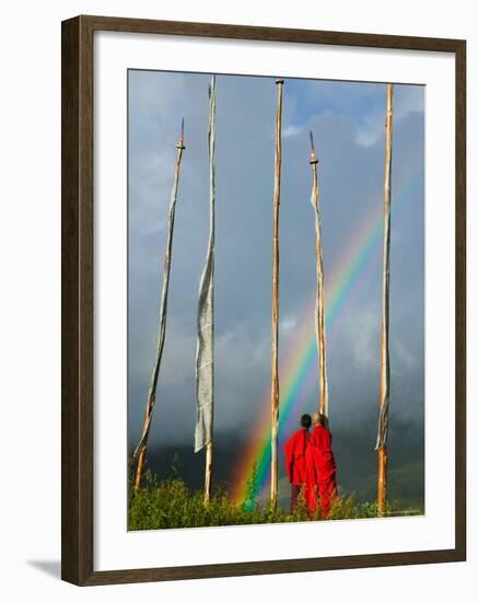 Rainbow and Monks with Praying Flags, Phobjikha Valley, Gangtey Village, Bhutan-Keren Su-Framed Photographic Print