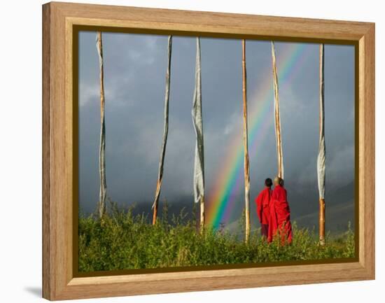 Rainbow and Monks with Praying Flags, Phobjikha Valley, Gangtey Village, Bhutan-Keren Su-Framed Premier Image Canvas