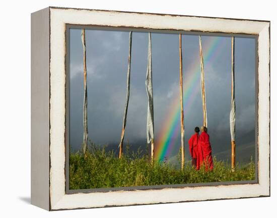 Rainbow and Monks with Praying Flags, Phobjikha Valley, Gangtey Village, Bhutan-Keren Su-Framed Premier Image Canvas