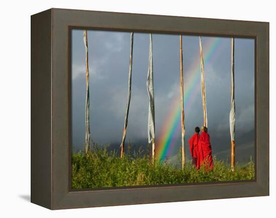 Rainbow and Monks with Praying Flags, Phobjikha Valley, Gangtey Village, Bhutan-Keren Su-Framed Premier Image Canvas