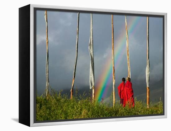 Rainbow and Monks with Praying Flags, Phobjikha Valley, Gangtey Village, Bhutan-Keren Su-Framed Premier Image Canvas