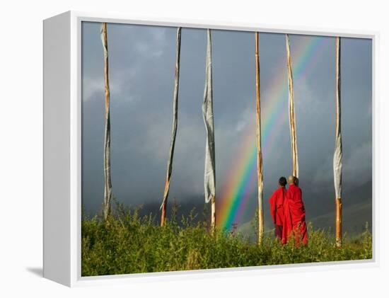 Rainbow and Monks with Praying Flags, Phobjikha Valley, Gangtey Village, Bhutan-Keren Su-Framed Premier Image Canvas