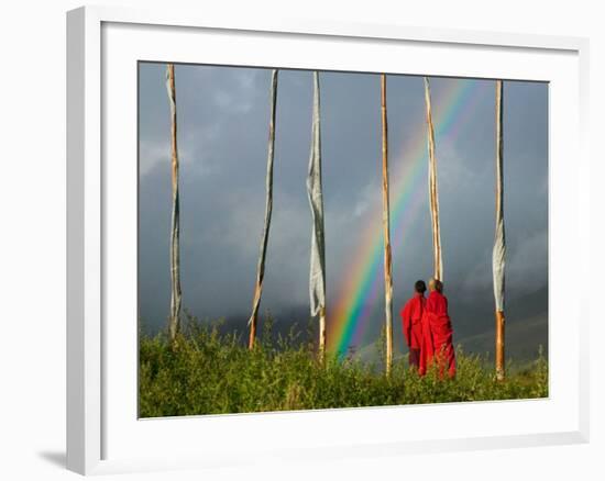 Rainbow and Monks with Praying Flags, Phobjikha Valley, Gangtey Village, Bhutan-Keren Su-Framed Photographic Print