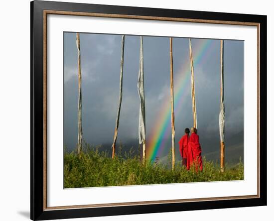 Rainbow and Monks with Praying Flags, Phobjikha Valley, Gangtey Village, Bhutan-Keren Su-Framed Photographic Print