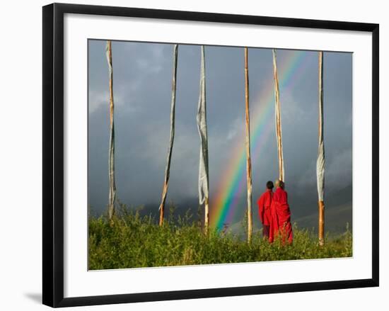 Rainbow and Monks with Praying Flags, Phobjikha Valley, Gangtey Village, Bhutan-Keren Su-Framed Photographic Print