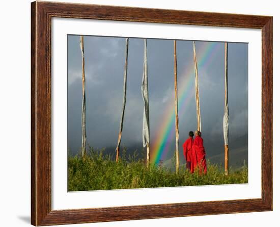 Rainbow and Monks with Praying Flags, Phobjikha Valley, Gangtey Village, Bhutan-Keren Su-Framed Photographic Print