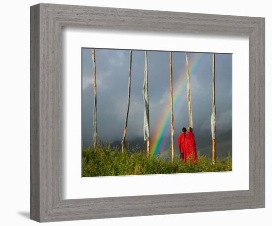 Rainbow and Monks with Praying Flags, Phobjikha Valley, Gangtey Village, Bhutan-Keren Su-Framed Photographic Print