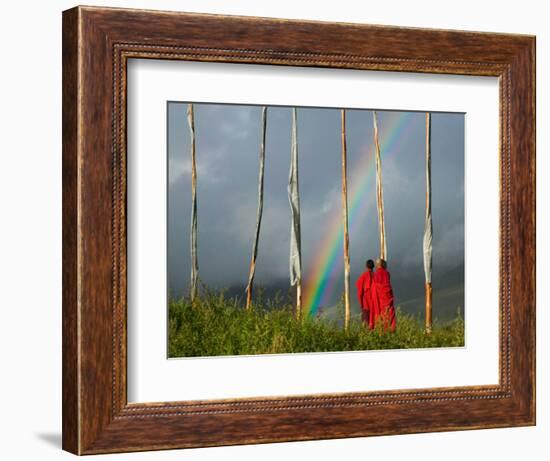 Rainbow and Monks with Praying Flags, Phobjikha Valley, Gangtey Village, Bhutan-Keren Su-Framed Photographic Print