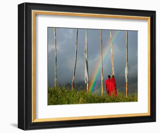 Rainbow and Monks with Praying Flags, Phobjikha Valley, Gangtey Village, Bhutan-Keren Su-Framed Photographic Print