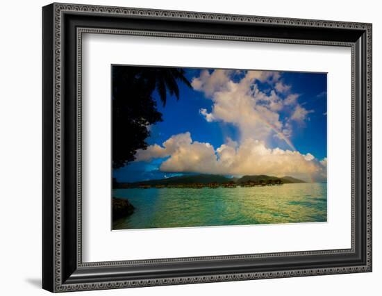 Rainbow Arcing over the Overwater Bungalows, Le Taha'A Resort, Tahiti-Laura Grier-Framed Photographic Print