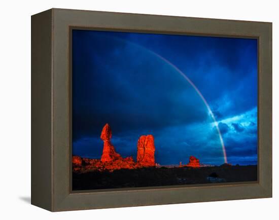 Rainbow at Balanced Rock, Arches National Park, Utah Stormlight at Sunset Entrada Sandstone-Tom Till-Framed Premier Image Canvas